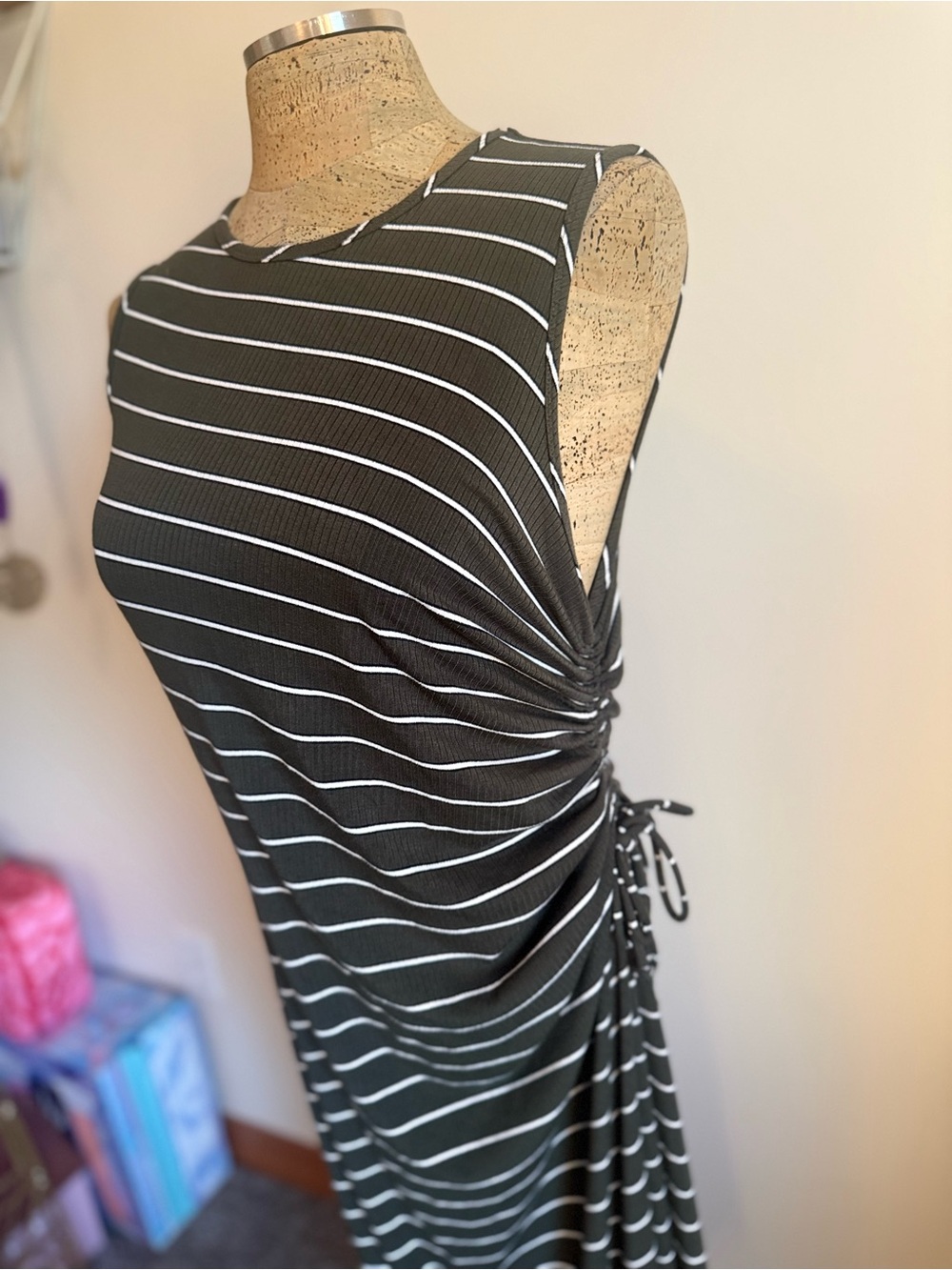 Banana Republic Olive and White Striped Midi Dress with Side Tie